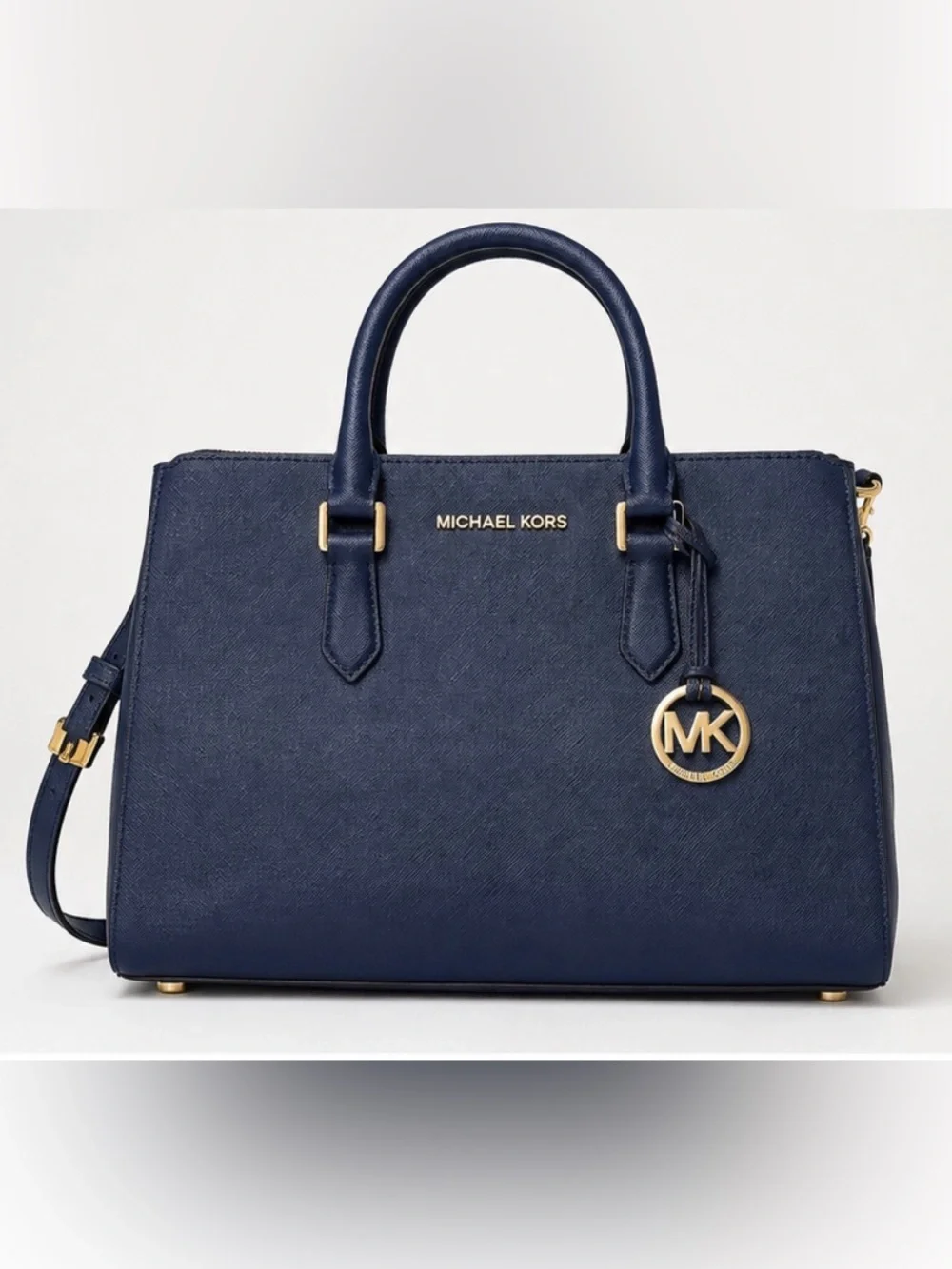 Michael Kors Navy Saffiano Satchel with Gold MK Charm